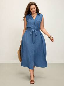 Comfylo 大码女式夏季休闲度假日常通勤翻盖口袋系带无袖连衣裙 - 藍色 - 查看 7