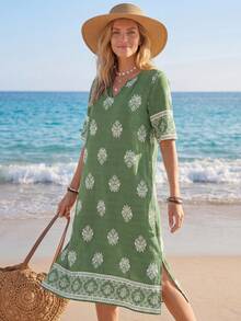 Sylviya 女士度假休闲印花中长连衣裙 绿色夏季连衣裙 女士短袖夏季连衣裙 女士度假连衣裙 - 綠色 - 查看 1