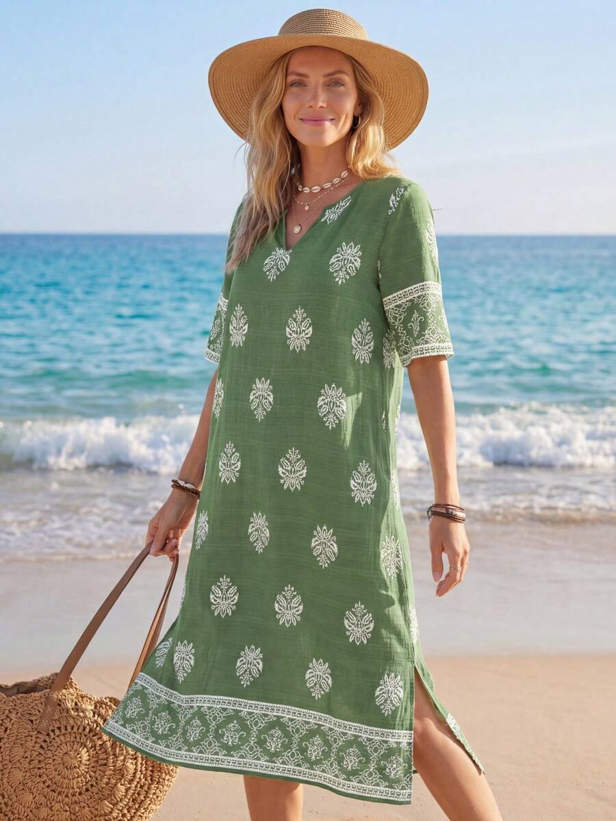 Sylviya 女士度假休闲印花中长连衣裙 绿色夏季连衣裙 女士短袖夏季连衣裙 女士度假连衣裙 - 綠色 - 查看 1