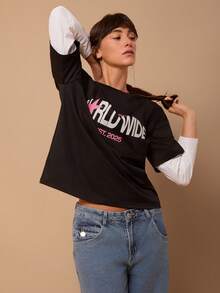 女士休闲长袖黑白拼接宽松T恤 - 黑與白 - 查看 4