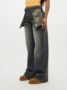 SUMWON Jeans de talla grande con cintura alta y pierna ancha, con bolsillos de camuflaje y lavado vintage - Negro - Ver 6