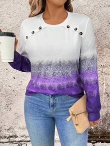 EMERY ROSE Plus Size Women's Minimalist Fashion Ombre Graphic Print Crew Neck Long Sleeve Pullover T-Shirt, Suitable For Work Commute And Everyday Wear - Multicolor - View 6