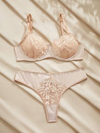 Charlaine Champagne Color Lace Patchwork Sexy Lingerie Set, Underwire Bra And Low-Waist Panty