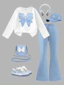 SHEIN ChillGRL Bộ đồ 2 mảnh mùa xuân/thu cho bé gái tuổi teen, áo ren đỏ thêu nơ kết hợp với áo thun dài tay trắng cổ tròn và quần ống rộng màu đỏ trơn, thích hợp cho các buổi đi chơi, du lịch, tiệc tùng, lễ hội, đi học, thoải mái và dễ thương. - Màu xanh lam - Xem 3