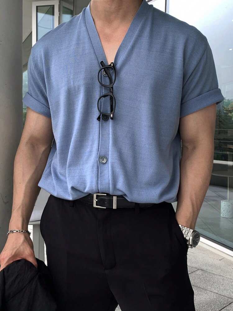 Men's Solid Blue Short Sleeve Knit Top, Summer