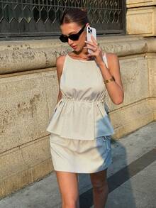 Siren Gaze Women's Summer Chic Two-Piece Set: Vertical Striped Sleeveless Fitted Top + High-Waisted Mini Skirt. A Casual, Slimming, Versatile, And Stylish Two-Piece Set. Striped Dress Striped Two Piece Set Beige Two Piece Set Layered Top And Skirt - Apricot - View 7