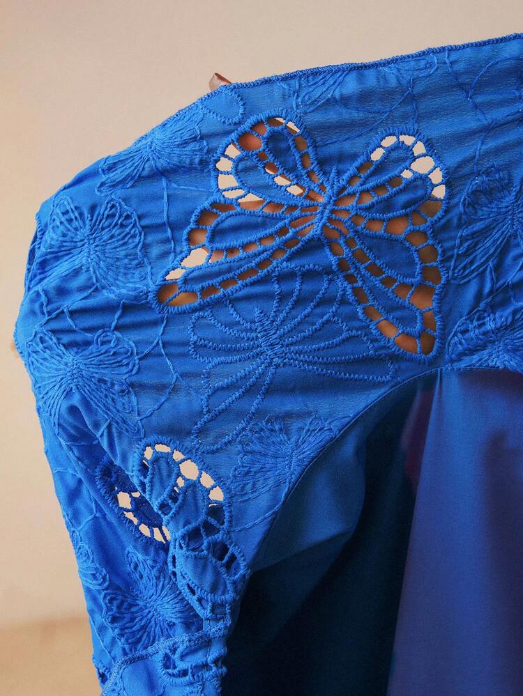 WOMEN'S FASHION EMBROIDERED HOLLOW BUTTERFLY PATTERN RUFFLE TRIM LONG DRESS WITH BELT