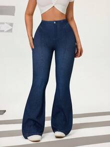 Flexra Quần jeans ống loe dáng ôm, màu trơn dành cho nữ, kiểu dáng thường ngày. - Rửa tối - Xem 8