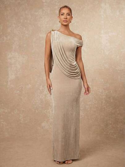 Lumalex Champagne Color One‑Shoulder Maxi Dress Draped Asymmetric Neckline Ruched Bodice Gold Decor Fitted Waist Clean Elegant Maxi Dress, Perfect For Summer, Cruises, Beach Weekends, Vacations, Parties, Date Nights, Weddings, Proms, Banquets, Birthdays, Carnivals, Festivals, And Other Holiday Events, Spring Summer Outfits, Elegant Dress, Luxury Dress Champagne Bridesmaid Dre Goddess Dress Champagne Mother Of Bride Dress One Shoulder Formal Dress Champagne Evening Gown Champagne Bridesmaid Dress