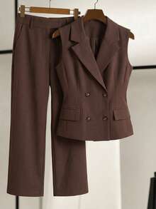 Aveloria Modichic 2pcs Set Women's Fashionable Collar Sleeveless High Waist Straight Leg Pants - Brown - View 1