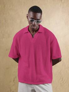SUMWON Tricou polo tricotat pentru bărbați, crop fit, cu mânecă scurtă, stil resort, cu plasă deschisă, texturată, de vară, casual, top cu guler - Roz - Vizualizare 5