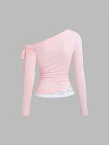 SHEIN Sweetro Women's Halloween Outfit, Thanksgiving Outfit, New Year Outfit, Suitable For Party, Commute, Daily, Travel, Vacation. Pink Top With White Lace Asymmetrical Hem, Ribbon Tie Bow Design, Cute Pleated Fitted Slanted Shoulder Long Sleeve Top - Pink - View 2
