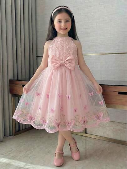 SHEIN 1件装 女童优雅提花露背蝴蝶结装饰下摆拼接可爱网纱刺绣蝴蝶无袖连衣裙，适合日常、派对、宴会、公主裙等场合