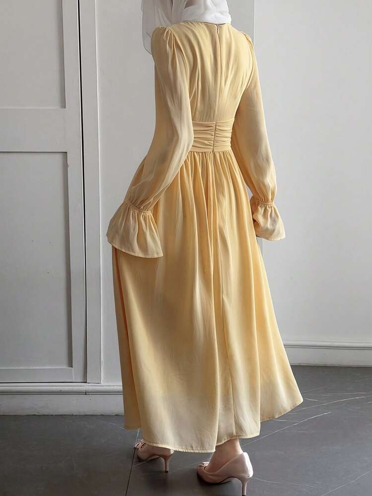 Women's Elegant Solid Color Round Neck Pleated Flare Sleeve Mid-Length Dress, Spring/Summer Wedding Guest Dress Sundress