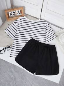 Girls' Minimalist Striped Round Neck Drop Shoulder Short Sleeve Top With Waist Tie And Black Drawstring Shorts Set, Soft And Comfortable Fabric, Casual Outfit For Home And Family Interaction - Black - View 2