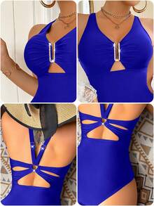 Voyashape 女士纯色褶皱镂空连体泳衣，性感度假之选 - 寶藍色 - 查看 8