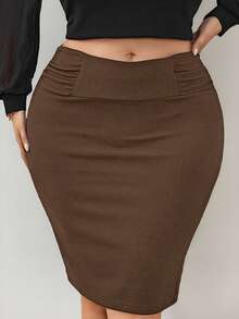 Firerie Plus Size Women Elegant Solid Color Pleated Bodycon Skirt - Khaki - View 5