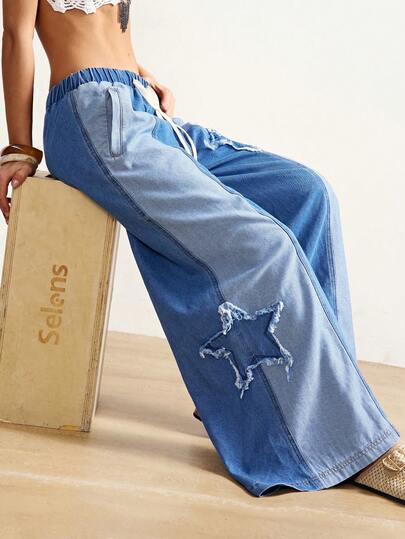 Bohemela Women's Low-Rise Elastic Waistband Jeans With Star Pattern, Color-Blocked Design, Simple Everyday Straight Leg Jeans, Blue Jeans, Y2K Style, Suitable For Everyday Outings. Summer Outfits Spring Break Outfits Carnival Outfit Beach Outfit  Vacation Outfits Women