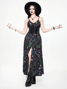 ROMWE Goth 哥特式暗黑蛾叶植物蝴蝶蛇日月星森系吊带低胸性感长裙 - 彩色 - 查看 7