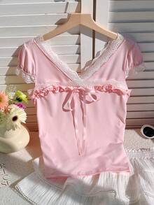 Comfortcana Women's Casual Contrast Color Lace Trim Tie Front T-Shirt, Summer Lace Trim Top Pink Babydoll Top Ruffle Top Sweetheart Neckline Tops Baby Pink Top - Pink - View 4