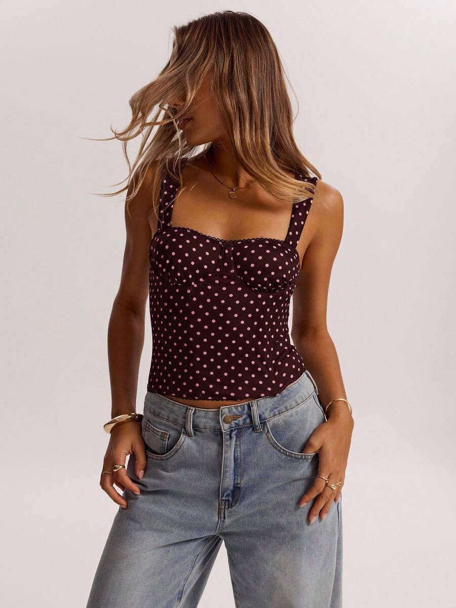 SHEIN BAE 女士约会之夜女友聚会生日派对夜店假日派对优雅波点吊带背心，女友聚会，约会，日常通勤束身衣，可爱性感上衣夜店装，夏季上衣 - 巧克力棕 - 查看 1