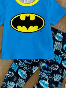 BATMAN X SHEIN 2pcs Baby Boy Casual Classic Logo Print Fitted Crew Neck Short Sleeve Top And Pants Snug Fit Pajama Set, Suitable For Spring, Summer, Autumn - Multicolor - View 4