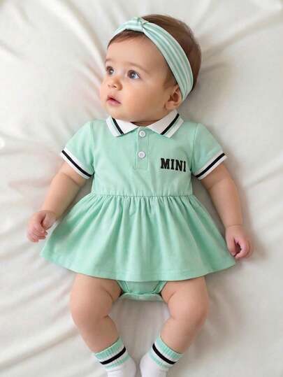 SHEIN Mono informal minimalista con estampado de letras en solapa para bebés niñas, primavera/verano