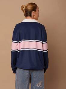 SURIMA Women's Casual Wide Stripe Drop Shoulder Long Sleeve Loose Polo Neck Sweatshirt - Multicolor - View 4