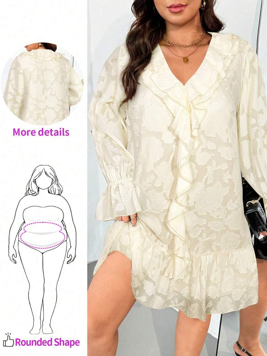Enliva Valentine Plus Size Women Long Sleeve Loose Dress, Laser Cut Fabric Detail, For Apple Rounded Body Shape