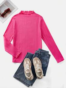 SHEIN EZwear Maglietta a maniche lunghe con collo alto a costine, taglia grande, colore rosso rosa - Fucsia - Visualizzare 6