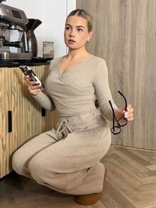 Bethéva 卡其色休闲罗纹长袖T恤和裤子套装 - 卡其色 - 查看 4