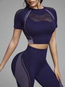 Innovista Bộ áo thun và quần legging thể thao cạp cao không đường may, phối màu tương phản bằng vải lưới. - Màu tím - Xem 3