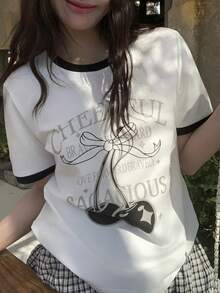 DAZY Áo thun nữ tay ngắn in họa tiết quả anh đào cổ điển, viền tương phản, kiểu dáng rộng rãi thoải mái cho mùa hè. - trắng - Xem 6