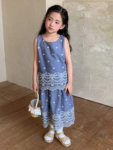 DAZY 2pcs/Set Girls (Small) Round Neck Embroidered Korean Style Sleeveless Shirt And Skirt Set - Blue - View 3