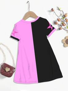 Đầm midi ngắn tay phối màu tím và đen họa tiết hoạt hình dành cho bé gái, phong cách tối giản thoải mái, phù hợp cho mùa hè, đi học, thể thao, dã ngoại, dạo chơi, ở nhà và đi học. - Nhiều màu - Xem 2