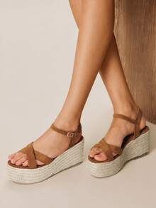 Styleloop 女士草编绳交叉绑带高跟圆头凉鞋 - 棕色 - 查看 2