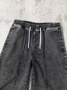 青少年男孩休闲个性街头时尚宽松直筒水洗牛仔裤 - 深灰色 - 查看 5