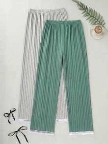 Women 100%Cotton 2pcs Lace&Ribbon Detail Casual Rib-Knit Sleep Long Bottom Set Cotton Loungewear - Multicolor - View 2