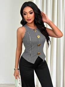 Vavine Elegant Black & White Plaid Metal Button Sleeveless Thin Vest For Women - Black and White - View 3