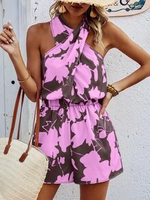 Breezaya 女士印花褶皱露背休闲连体裤，适合旅行和度假 - 彩色 - 查看 4