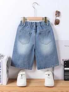 Shorts en jean décontractés et amples pour pré-adolescents, taille élastique déchirée, streetwear urbain cool, lavage rétro vintage, été - Jean clair - Voir 2