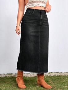SHEIN EZwear Rok Mini Denim Kasual Ukuran Besar Warna Polos dengan Saku Miring dan Ujung Berumbai - Dark Grey - View 4