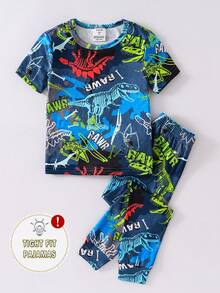 Conjunto de pijama de manga corta ajustado que brilla en la oscuridad con gráfico de dinosaurio y neón para niño pequeño, estampado aleatorio - Multicolor - Ver 2