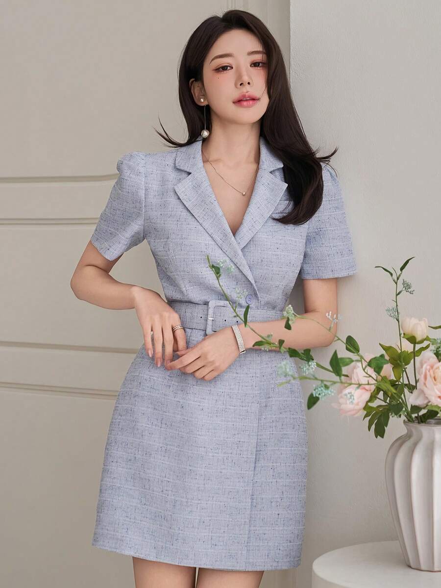 DAZY 女士优雅西装领假口袋泡泡袖系带短裙，夏季 - 藍色 - 查看 1