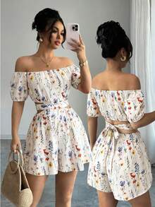 Pariaura INS 法式弹力腰带印花露肩短袖连体裤（女款） - 杏色 - 查看 3