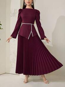 Veilorie Women's Simple Long Sleeve Arabic Style Dress - Red - View 7