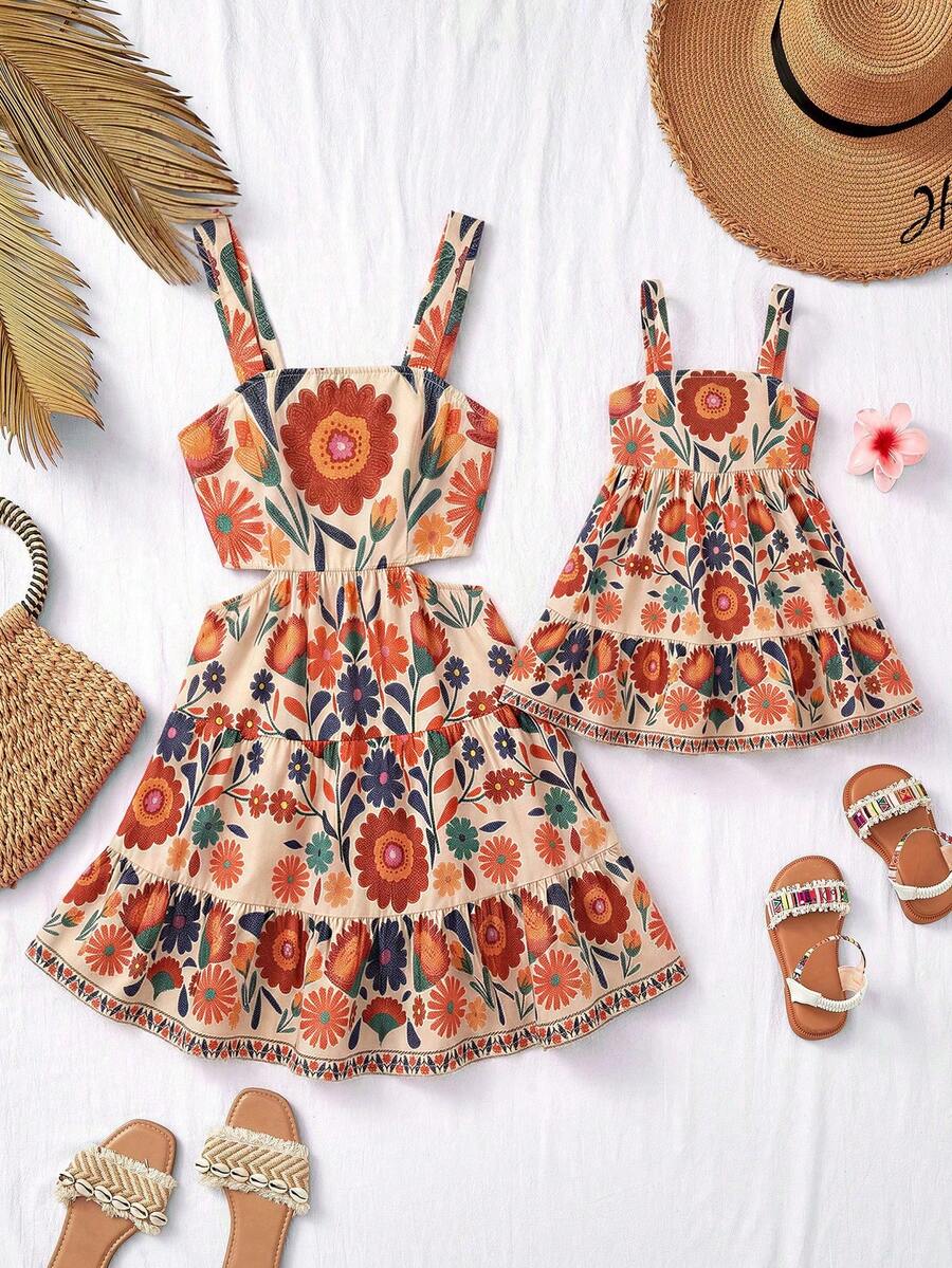 SHEIN 女宝宝夏季可爱度假树叶印花吊带裙 - 紅色 - 查看 1