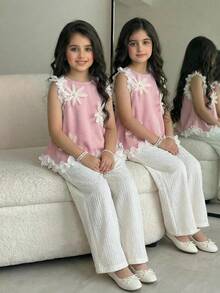 SHEIN Tween Girl Lace Trim Round Neck Sleeveless Asymmetrical Hem Knit Top And Wide Leg Pants Casual 2 Pieces Set - Red - View 4