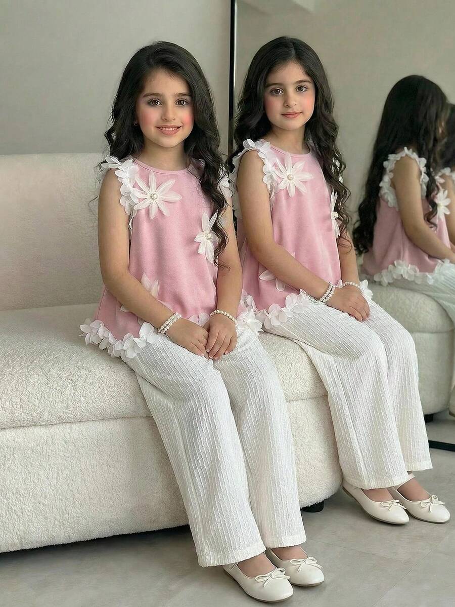 SHEIN 少女蕾丝边圆领无袖不对称下摆针织上衣和阔腿裤休闲两件套 - 紅色 - 查看 1