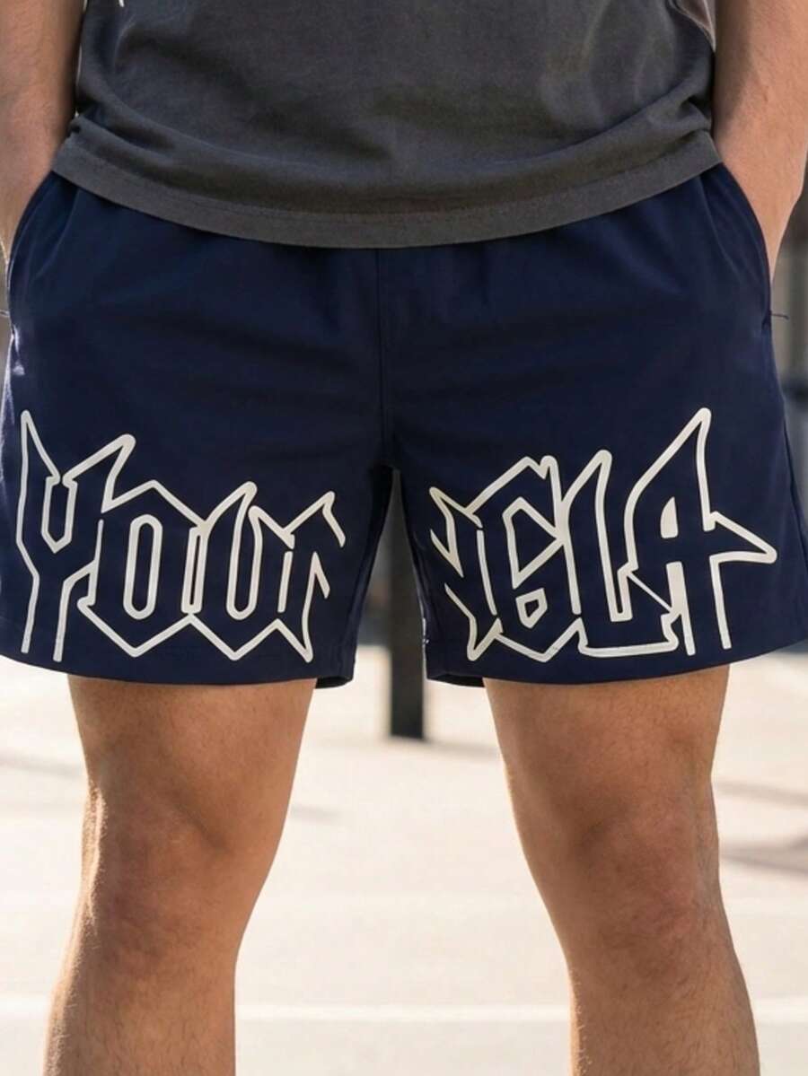 Pantalones cortos con estampado a letras para hombres - Azul Marino - Ver 1